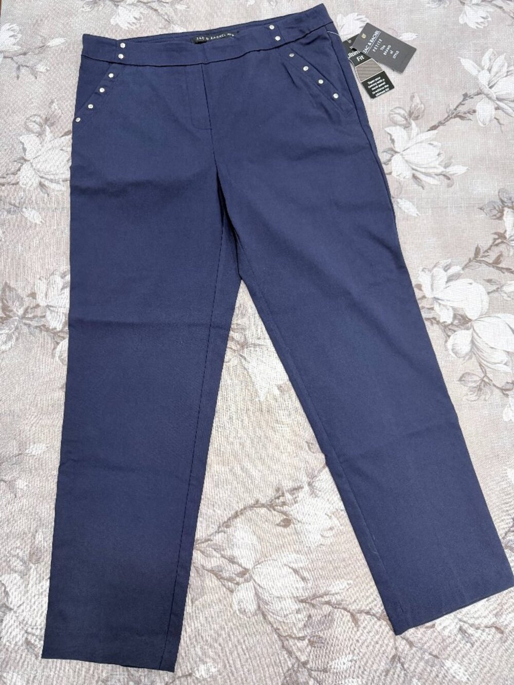 NWT Zac & Rachel Petite 10P Navy Straight Leg Pants Stud Detail Pull-On Career
